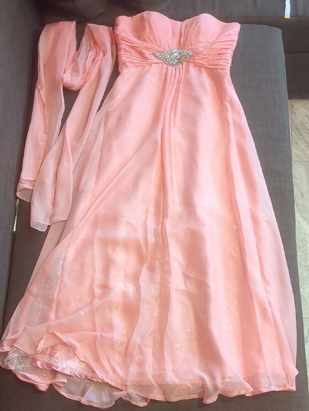 EUREKA  Sparkly-Peach/Strapless Iridescent jeweled FlowyNight Gown-Chiffon Shawl